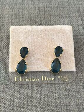 Vintage NWT Christian Dior Teardrop Blue Rhinestone Dangle 14k Gold Post Earring
